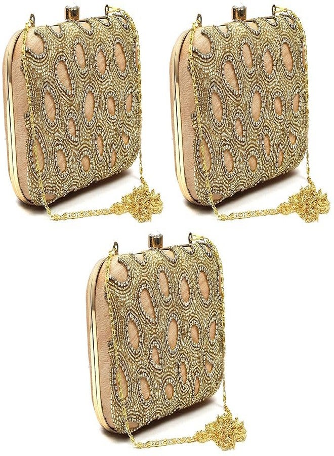 DUCHESS Women Embroidered Nag Chain Peach Box Clutch (Pack of 3)
